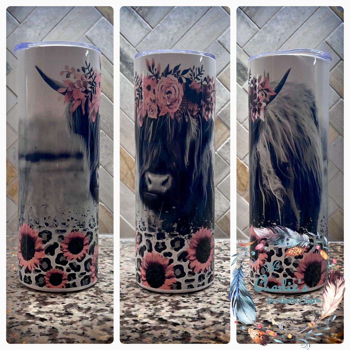 Highland Cow with Pink Roses Tumbler