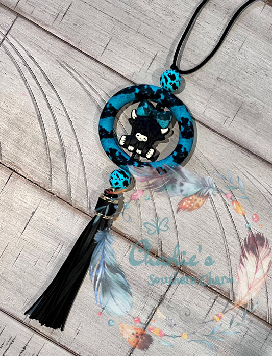 Black Highland Cow with Turquoise Cowhide Bow Car Charm