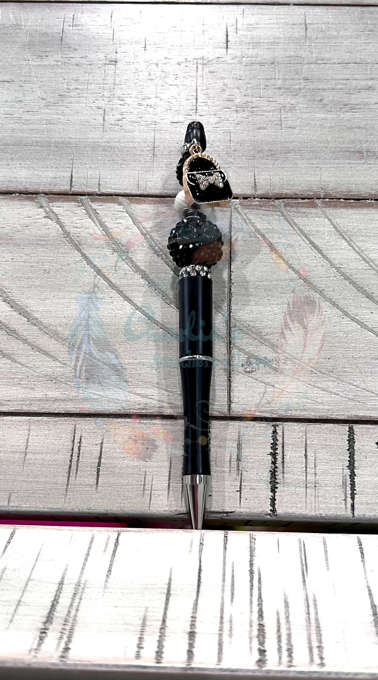 Black Beaded Pen with Dainty Purse Crystal Bow Charm
